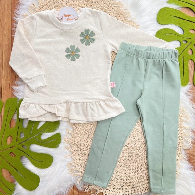 Conj. Casaco de Linho Duas Flores e Calça Legging - Areia e Verde